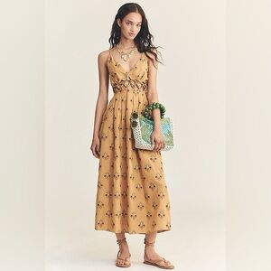 Farm Rio Printed Linen Blend V-Neck Cutout A-Line Midi Dress L NWT Anthropologie